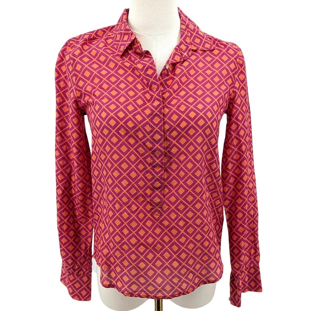 J Crew Silk Cotton Blouse Geometric Print Orange Purple Button Up XXS